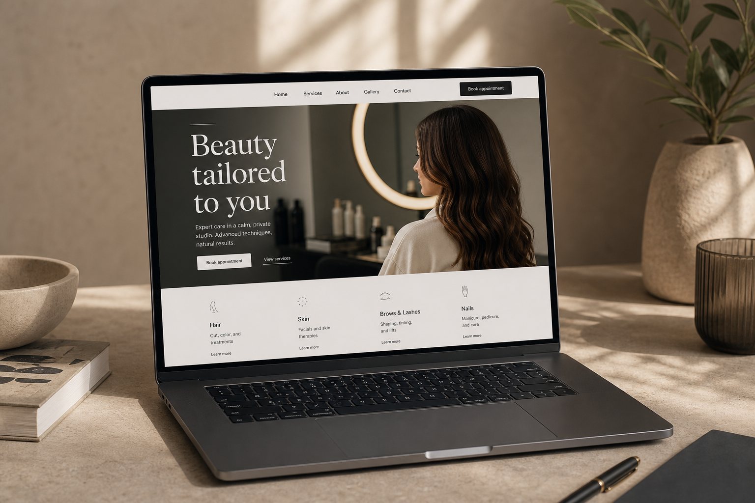 Ejemplo visual de una web profesional para un negocio de servicios en un portátil.