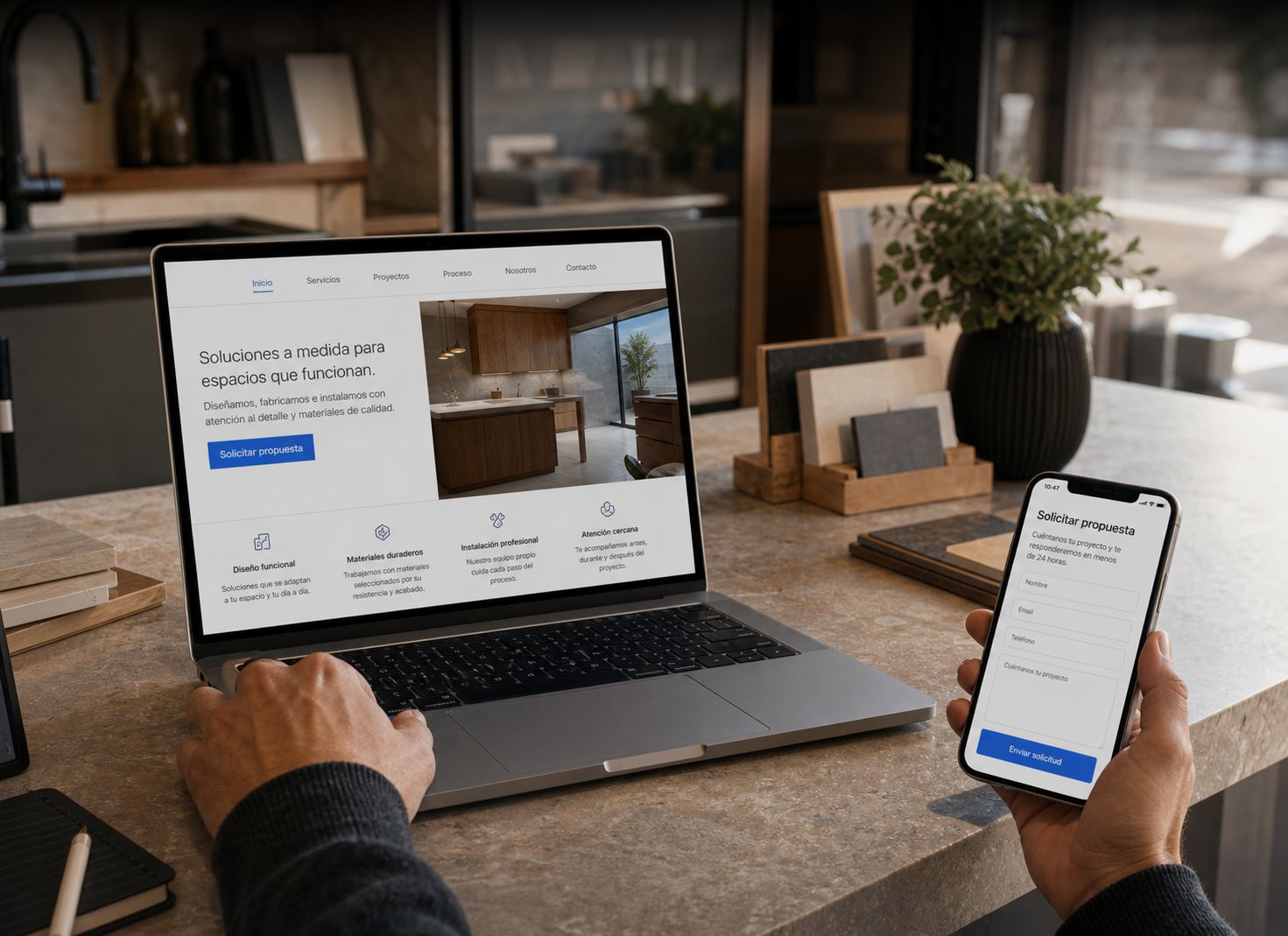 Imagen conceptual de web y contacto para un negocio local de servicios.