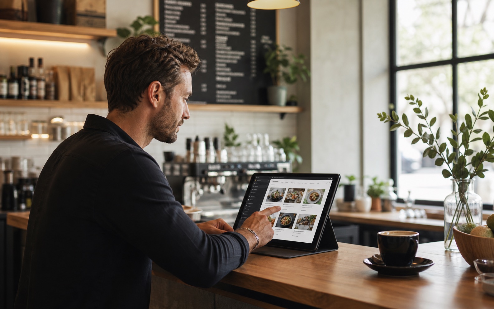 Imagen conceptual de restaurante o cafetería gestionando carta online, eventos y promociones desde una tablet.